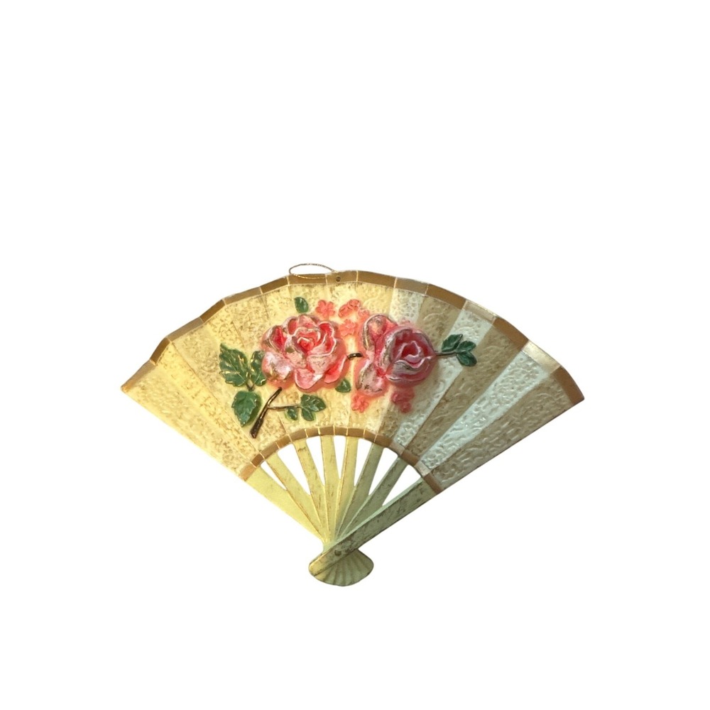 Vtg Victorian Fan Christmas Ornament 3D Pink Roses‎ Large 7" Plastic Resin